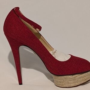 Charlotte Olympia Red Canvas Dolly Platform Pumps - Espadrille Heel - Size 41